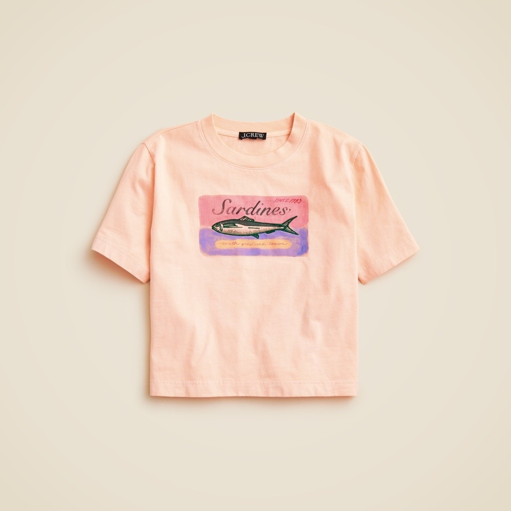 New JCrew Embroidered Graphic Pink Sardine Tee Premium Weight Cotton